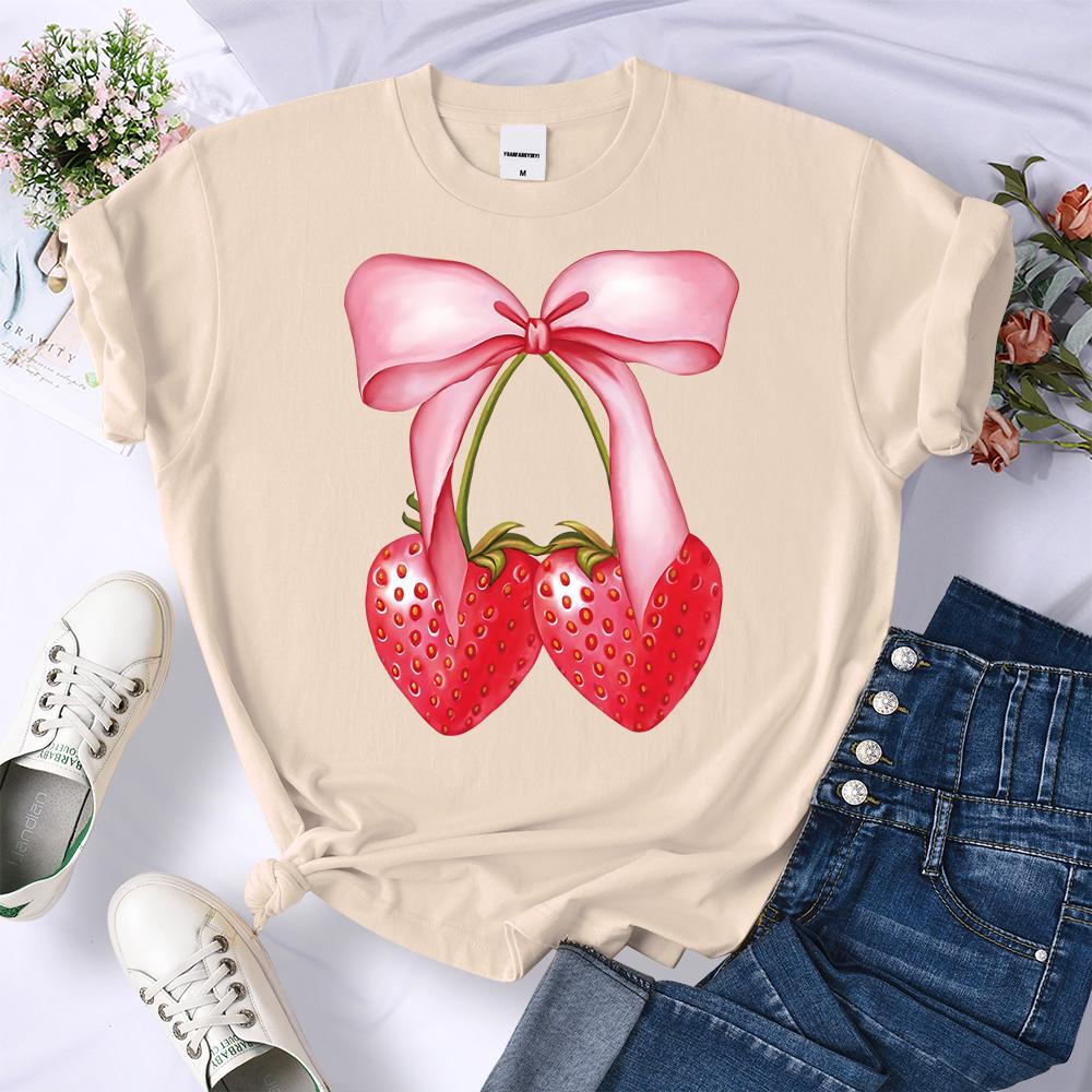 Summer Pink Bow Strawberry Design Pattern 3D Printed T-Shirts Women Crewneck Casual Multicolor Tee Tops Summer Soft Short Sleeve