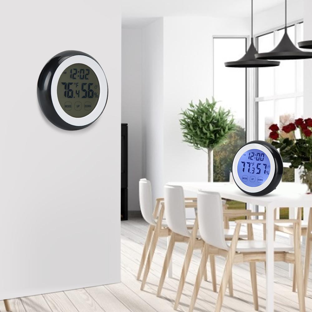 Round Shape Household Touching Digital Electronic Alarm Clock with Temperature Humidity Display