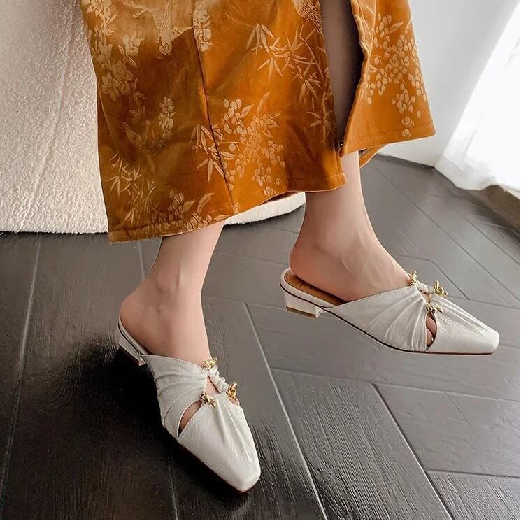 Baotou Cool Slippers Spring And Summer Triangular Buckle Hollow Thick Heel Wrinkled M Ü Ller Shoes For Women