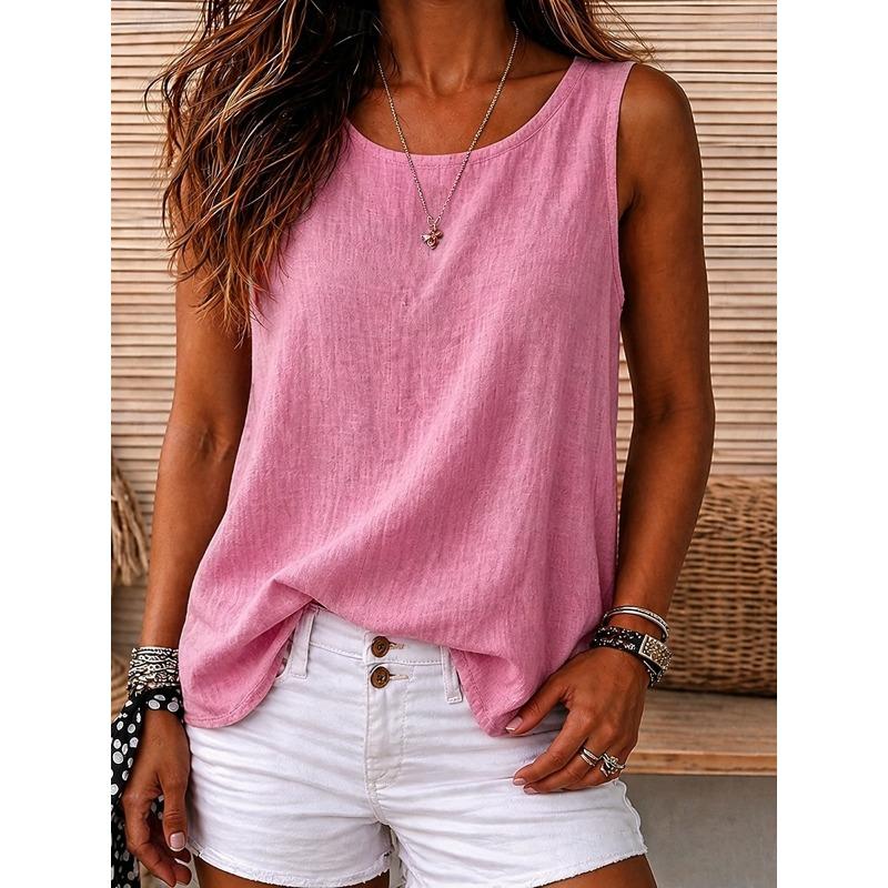 Women's Vintage Washed Round Neck Sleeveless Tank Top Casual Black White Sky Blue Orange Violet Summer Spring