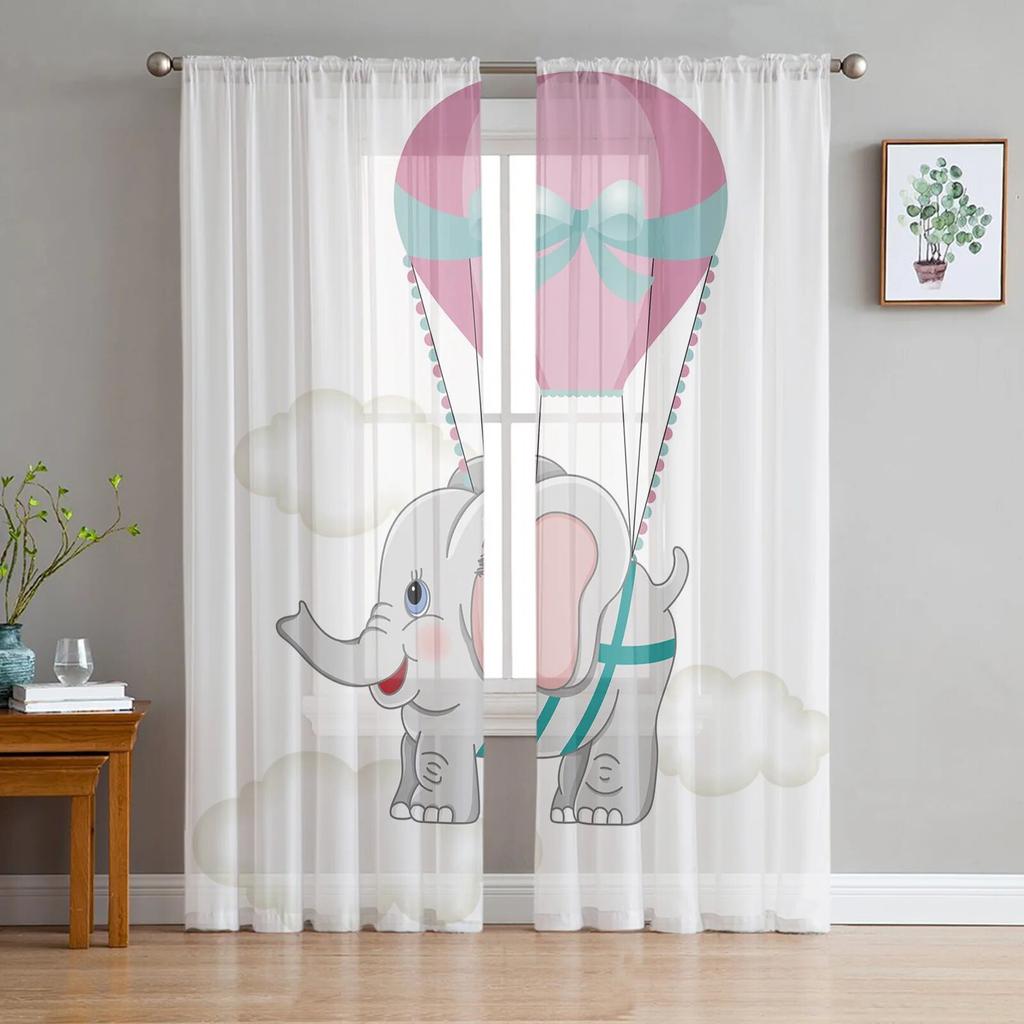 Elephant Mom And Baby Tulle Sheer Curtains For Kitchen Window Living Room Modern Voile Curtain Bedroom Drapes