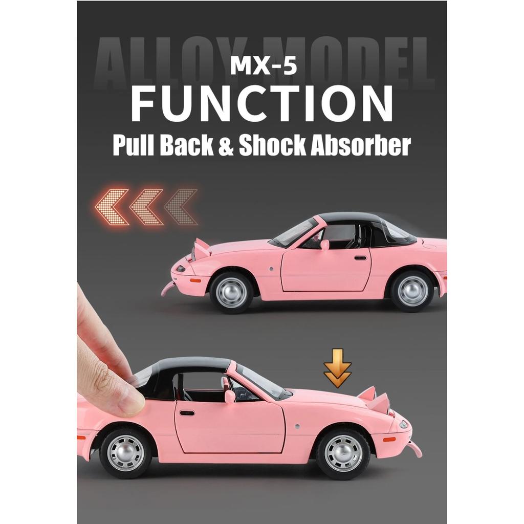 1/24 Mazda Miata MX5 Roadster Toy Car Model Diecast Alloy Metal Miniature Vehicle Model Sound & Light Collection Gift for Boy