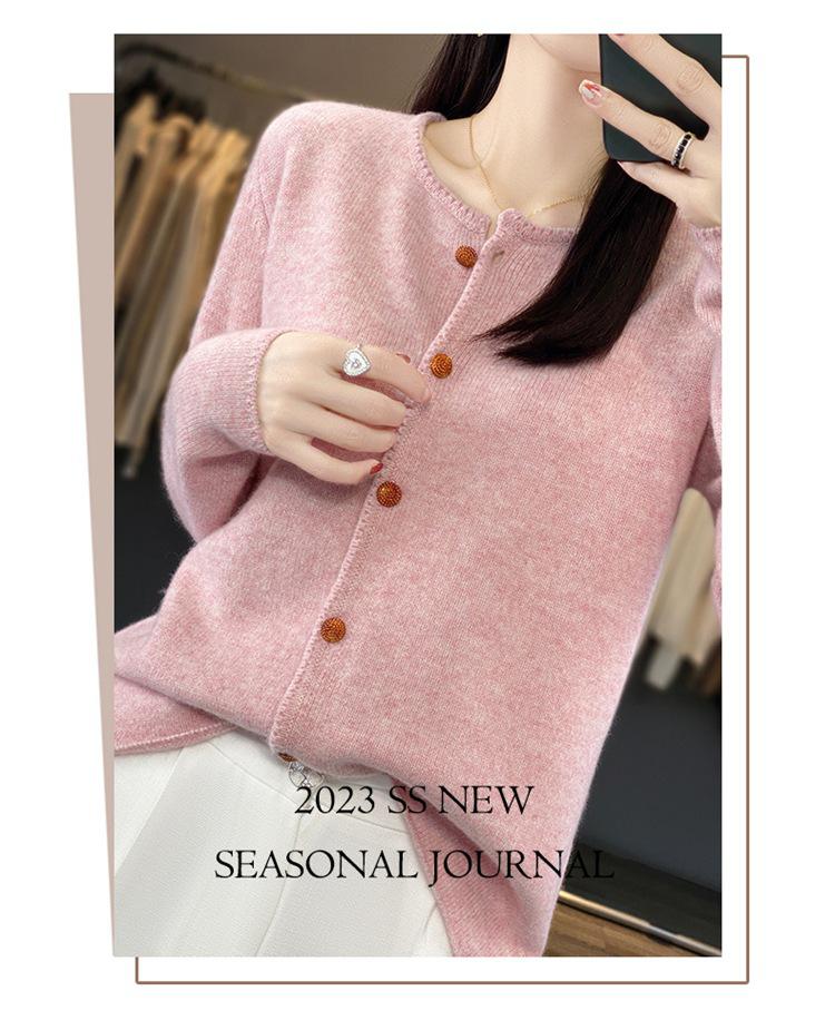 Women's 100% Wool Loose Slimming Round Neck Cardigan with Metal Buckle