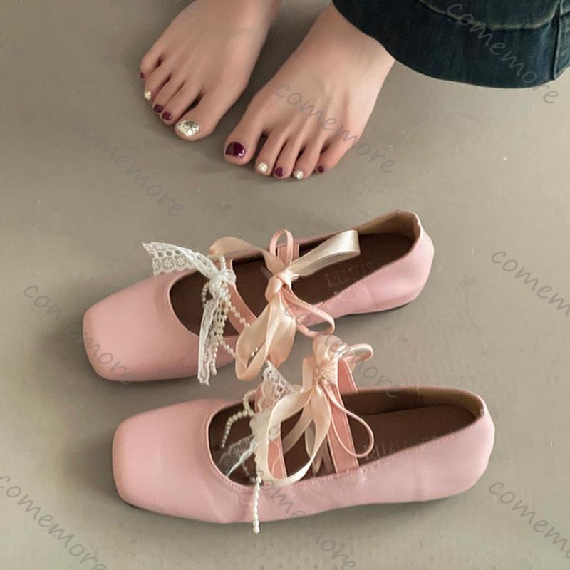 Comemore Women's Ballet Style Elegant Lace Bow Mary Jane Single Shoes Casual Shallow Slip On Flats Ladies Square Toe Mocasines