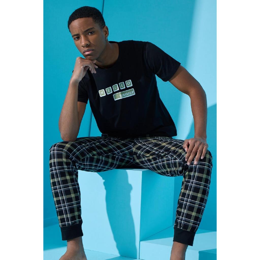Marineblaues „Hello Summer“-Pyjama-Set mit kurzen Ärmeln und Aufdruck für Herren