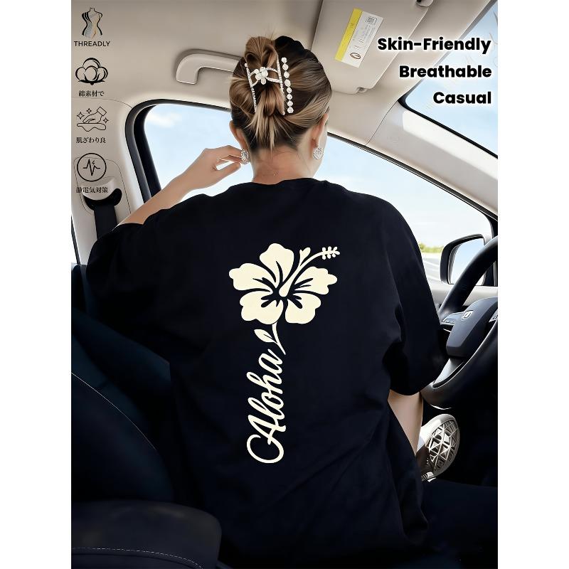 [Aloha Hibiscus Flower Pattern 100% Short Sleeve T-Shirt]Black Hibiscus Flower Silhouette Decorated with The Word  Aloha  As an Embellishment. S чёрный