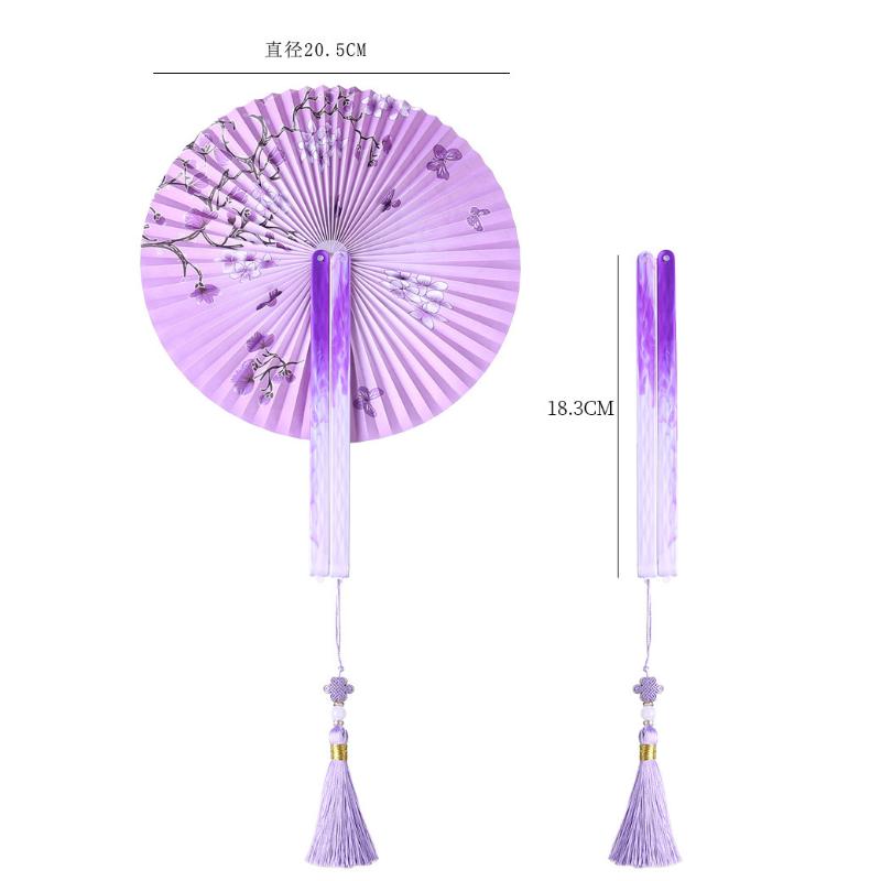 Opvouwbare Handwaaier Paars Rond Bloemen Vlinderprint met Kwastje Draagbaar Zomeraccessoire voor Cosplay Strandvakanties