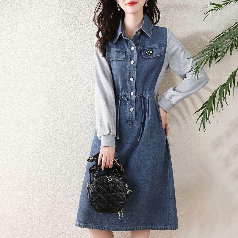 Youthful Denim Dress for Women Spring Flattering Loose Fit Cover Belly Slimming Elegant Long Dress