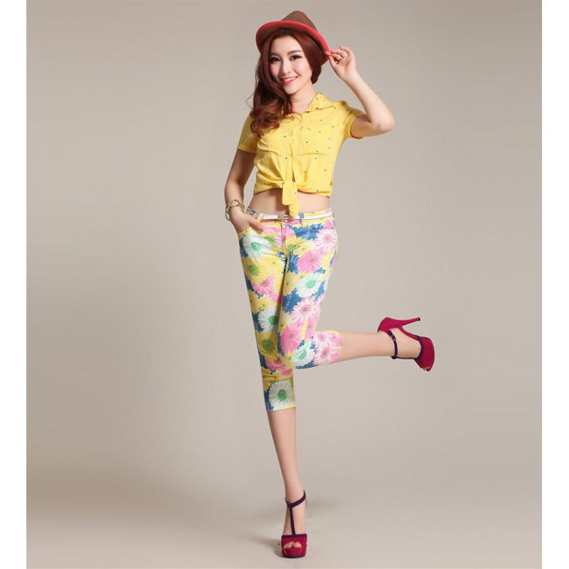 Women's Slim-Fit Printed Cotton Pencil Pants, Mid-Waist, Elastic, Urban Style
