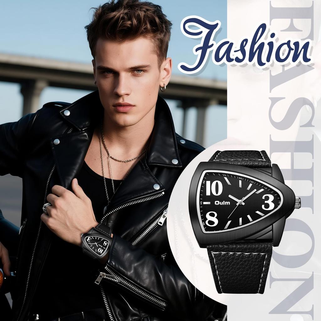 Lancardo Men's Triangular Case Quartz Watch PU Leather Strap Large Arabic Dial Everyday Water Resistant