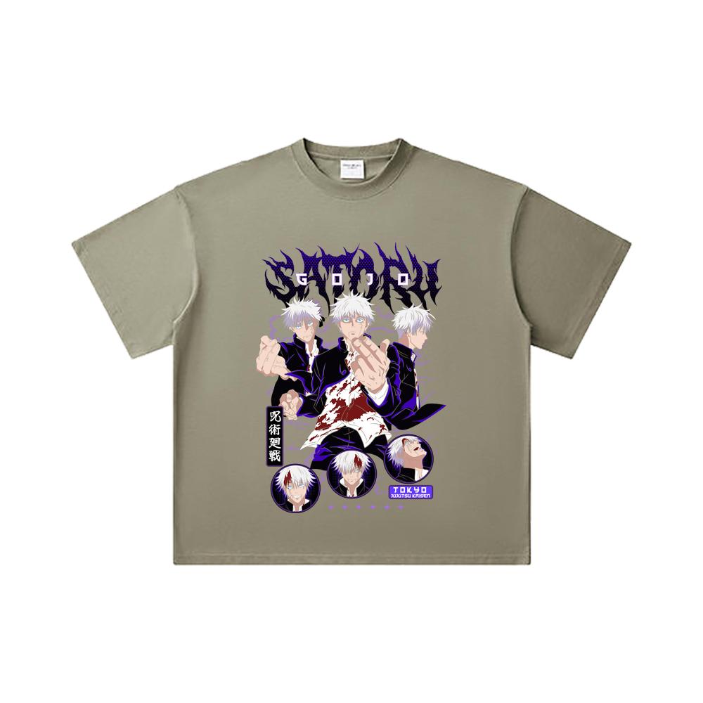 260 GSM Double Yarn 32 Count 100% Cotton Jujutsu Kaisen V6 Gojo Print Unisex Heavy Cotton T Shirt