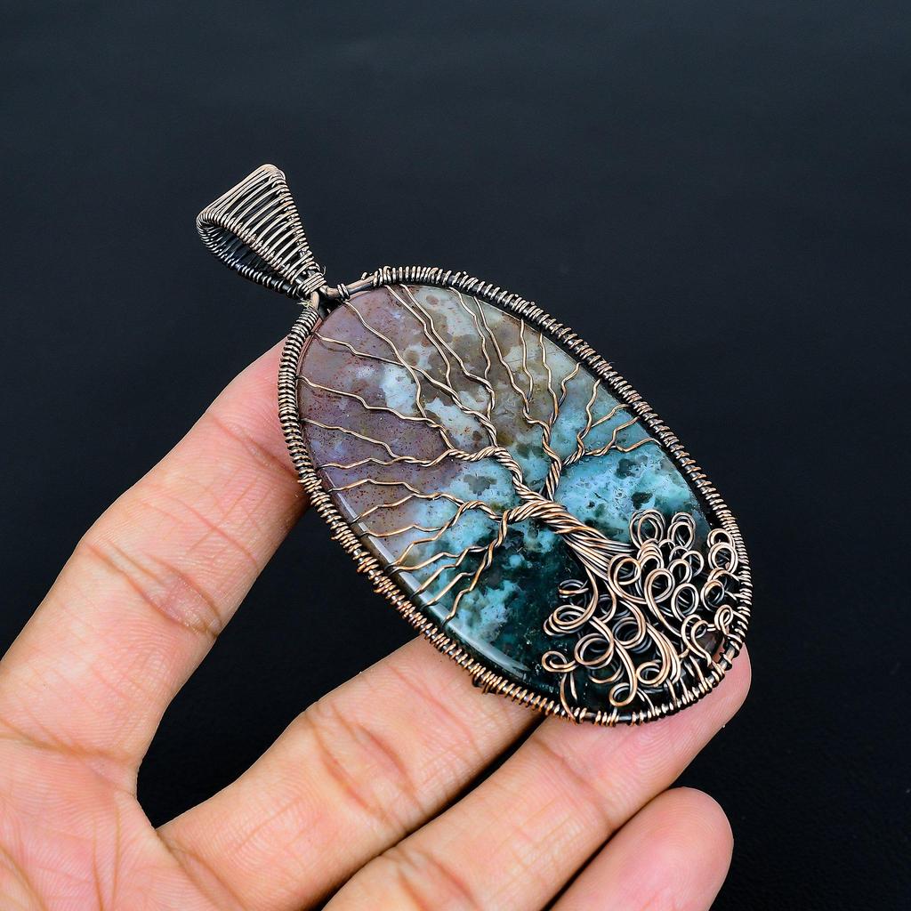 Moss Agate Pendant, Gemstone Jewelry 999 Copper Wire Wrap Tree Of Life Pendant, Gift For Women Handmade Pendant