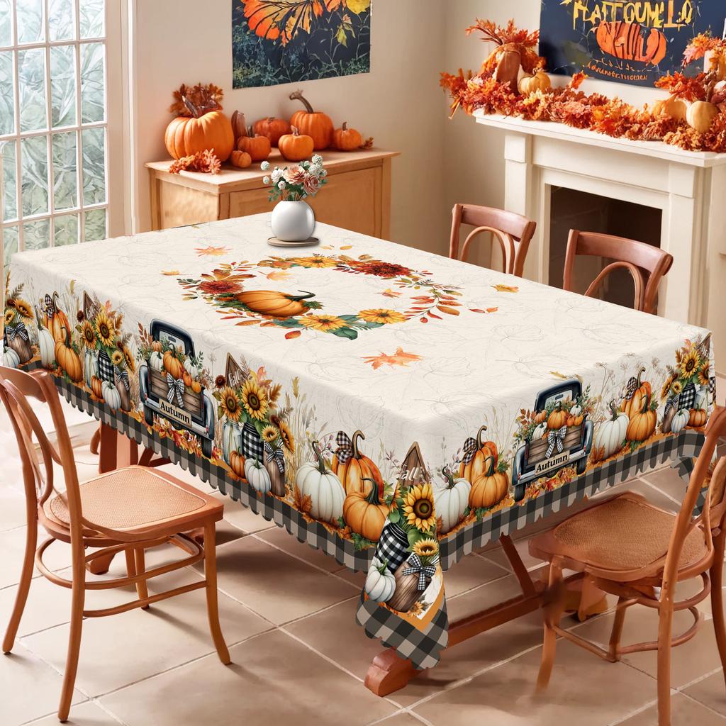 1 Piece Of Thanksgiving Pumpkin Theme Round And Rectangular Tablecloth, Various Sizes, Autum Pumpkin And Fallen Leaf Pattern Printed Plaid Tablecloth,