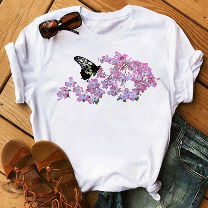 Women Flower Butterfly Fashion Print T Shirt Casual Short Sleeve Ladies T Tee Female Top Shirt Clothes Womens Graphic T-shirt