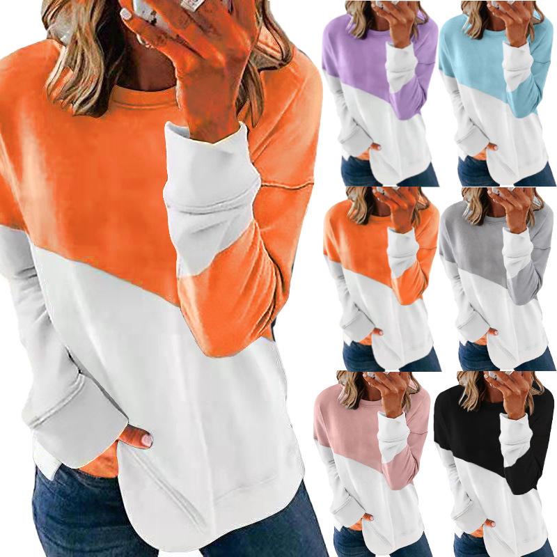 Women's Crew Neck Long Sleeve Loose Fit Sweatshirt Colorblock Casual Pullover Top