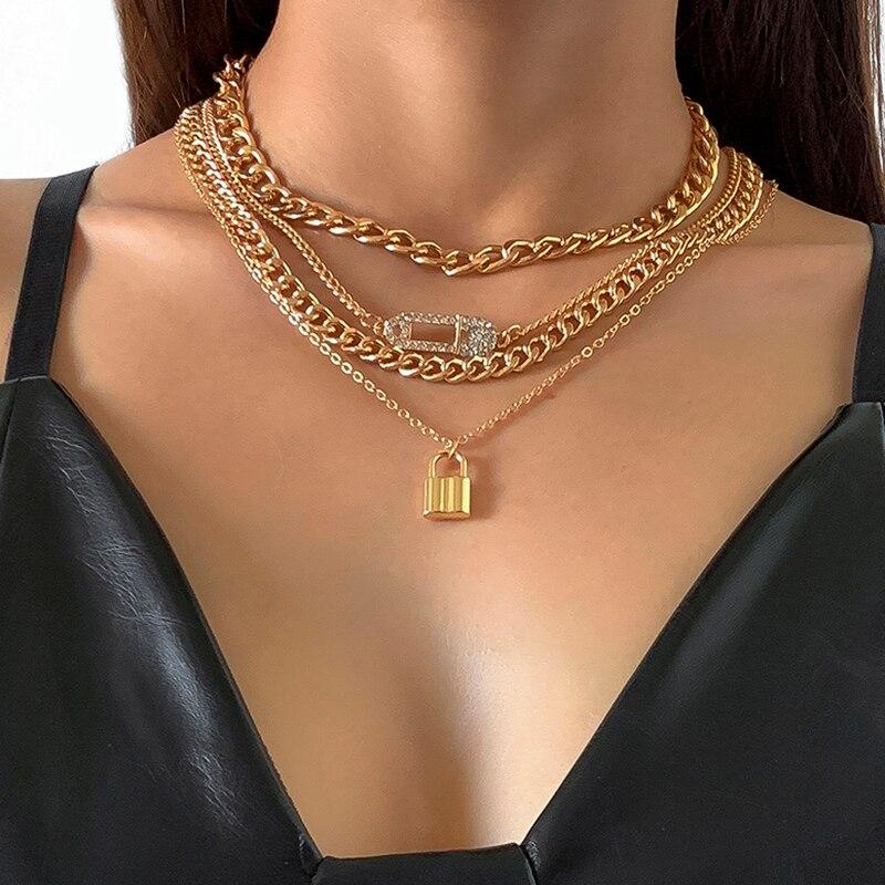 Punk Heavy Metal Gold Color Lock Pendant Necklace for Women Men Multilayer Crystal Chain Grunge Jewelry Steampunk