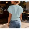 Women Round Neck Eyelet Embroidery Ruffle Sleeve Smocked Waist Casual Blouse Tops