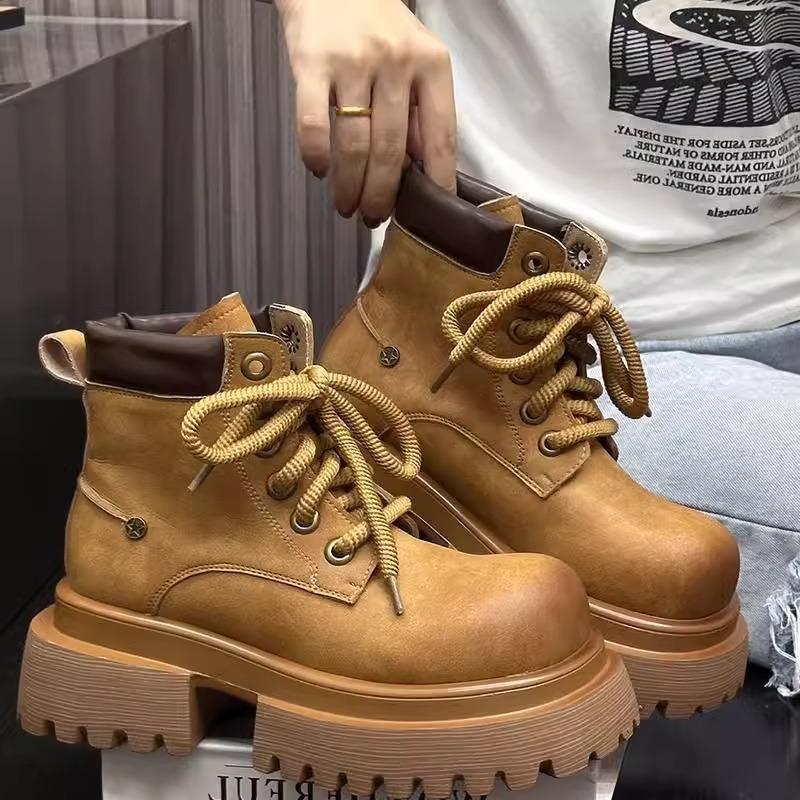 Retro Polished Leather Lace-up Platform Locomotive Martin Boots Women's British Style Big Head Thick Heel Heightening Short Boots Big Yellow Boots