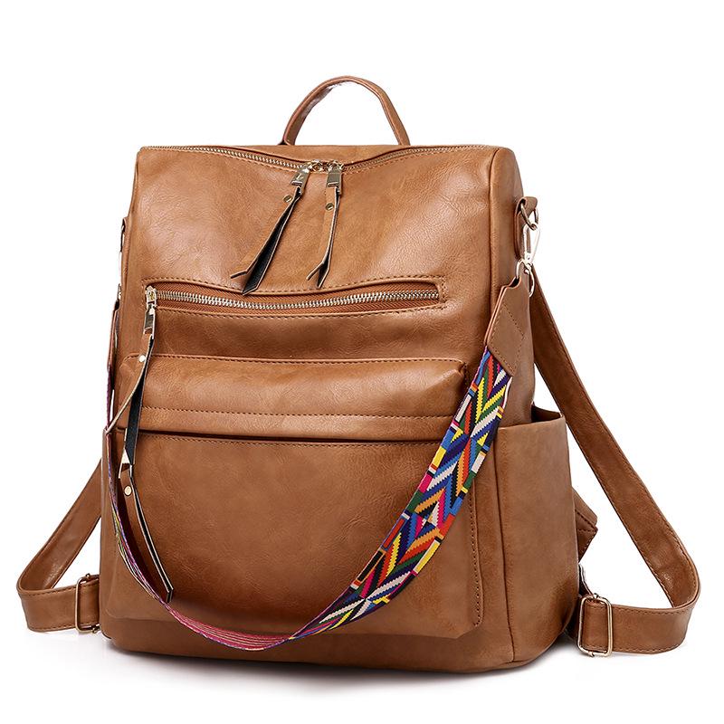 Retro High Capacity Women's Backpacks High Quality PU Leather Waterproof Ladies Shoulders Bag Fashionable Widened Shoulder Strap Girl Female Rucksacks