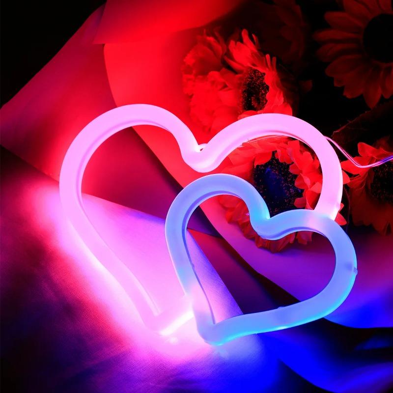 LED Neon Design Light Cross-border Christmas Gift Rainbow USB Decoration Small Night Light Dual Love Pink Cute Colored Light