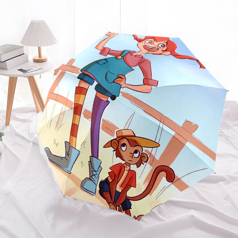 Pippi Longstocking Themed Travel Umbrella-8 Ribs Automatic Opening and Closing, Portable Folding Design, Compact and Stylish Umbrella Suitab