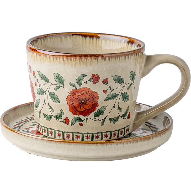 Retro Ceramic Coffee Cup and Saucer Creative Floral Mug Exquisite Afternoon Tea Flower Tea Coffee Latte Cup Breakfast Milk Mug
