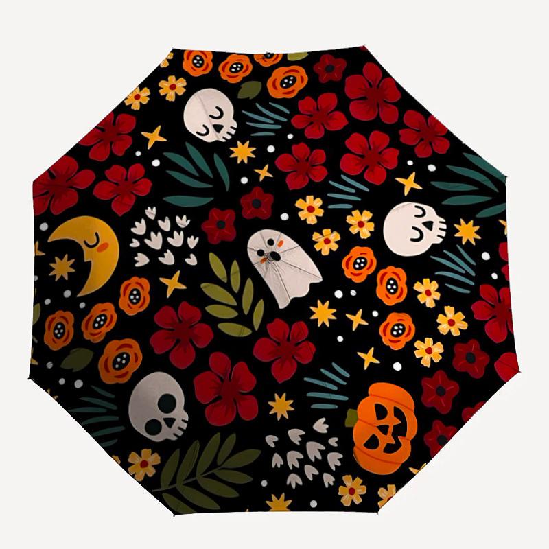 1 Stück Halloween Blumen Automatischer Faltregenschirm, Stabiles 8-Rippen-Dach, Tragbarer Reise-Regenschirm für den Außenbereich