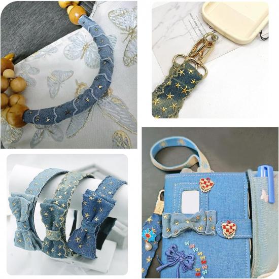 5 Yards Marine Blue Gold Foil Star Denim Ribbon for Clothes Accessories,3D Star Gold Stamping Jean Cloth Fabric Ribbon, 1 Inch Denim Cloth Ribbon for