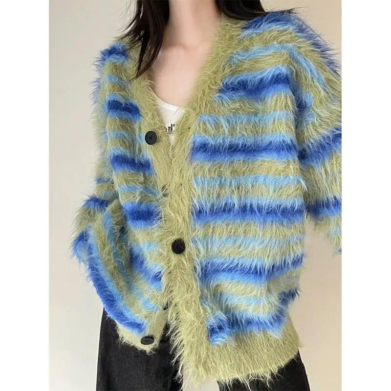 V-neck Striped Cardigan Sweater Green Women Knitted Coat Imitation Mink Velvet Thickened Warm Relaxed Casual Sweet New Fashion Y2k