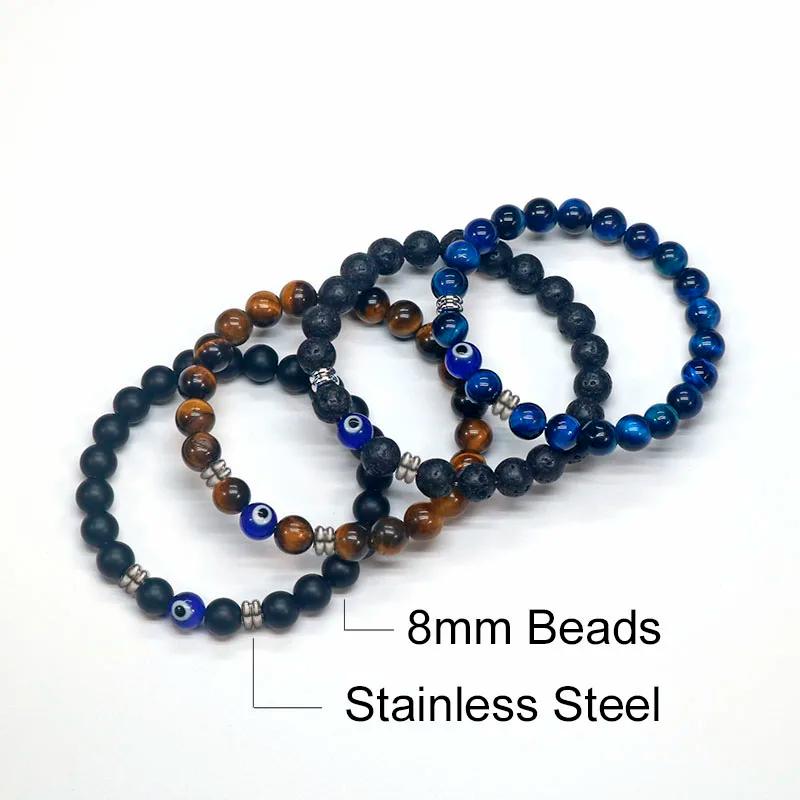 Natural Tiger Eye Bead Bracelet Men Women Turkish Amulet Protection Blue Evil Eye Spiritual Jewelry