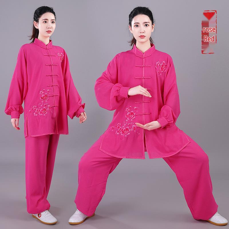 Damski Haftowany Garnitur Tai Chi - Wiosna/Jesień Płynna Bawełna Lniana, Długi Rękaw Kung Fu do Występów, Styl Chiński