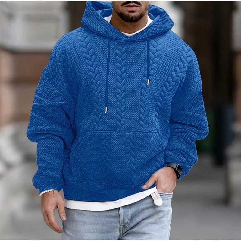 Men S Casual Hooded Pullover Sweatshirt Jacquard Solid Long Sleeve Loose Fit