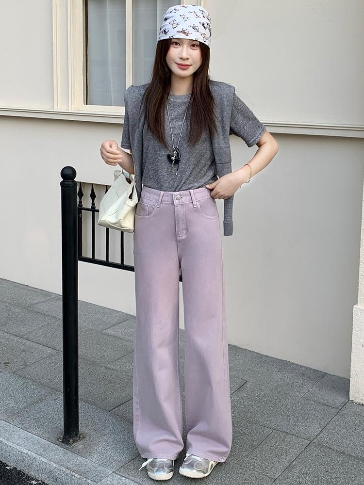 Lilac High-Waisted Wide-Leg Jeans for Women - Trendy Loose Straight-Leg Pants