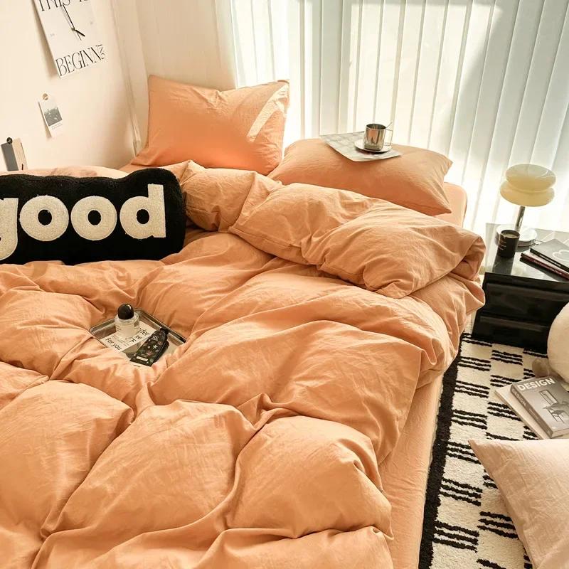 Washed Cotton Bed Linen Bedding Set 3/4 Pieces Bed Sheets Set Solid Color Comforter Cover Couple Queen King Size Bed Quilt Cover