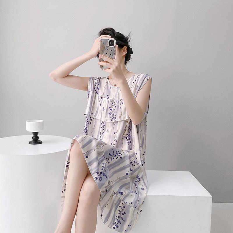 Ethnic vest women's nightgown summer thin cotton and silk loose artificial cotton loungewear casual suit thin skirt
