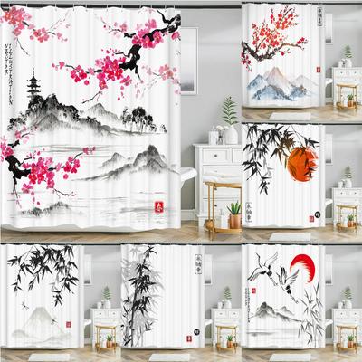 Fleurs style japonais Prunier Rideaux de douche Rideau de salle de bain Tissu Polyester Imperméable Rideau de bain Avec Crochets