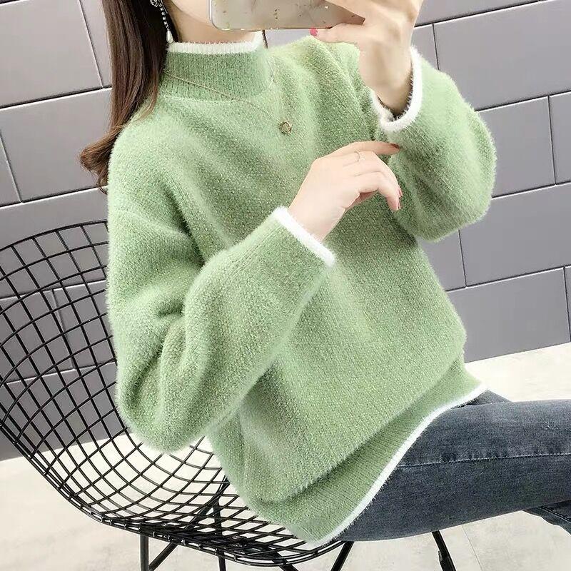 Plus Size Loose Mink Velvet Crew Neck Pullover Sweater Women's Autumn & Winter Chenille Thickened Outer Wear Knit Top