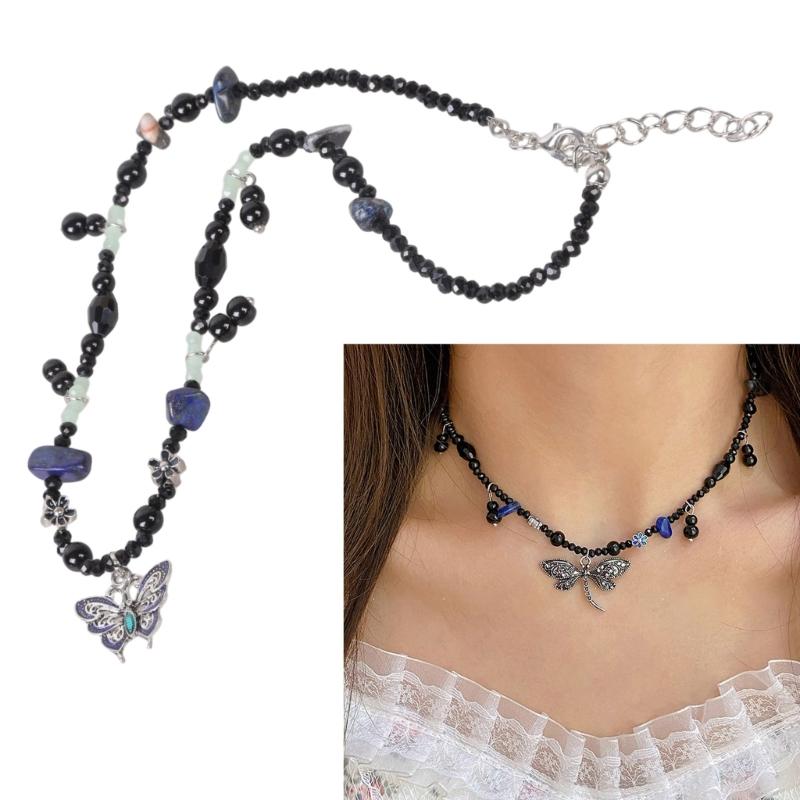 Fashion Metal Dragonflies Pendant Necklace Y2K Black Beads Chain Statement Choker Necklace for Women Club Punk Jewelry