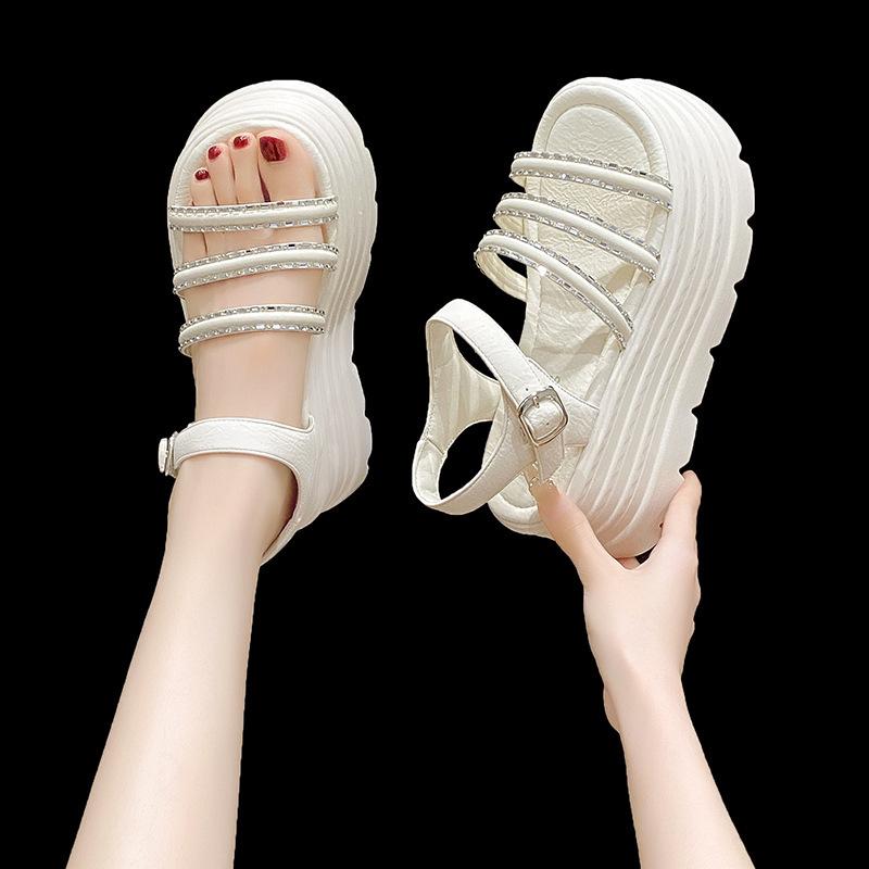 Fairy Internet celebrity muffin thick bottom word with rhinestone sandals women summer new fashion wear lightweight height 8cm