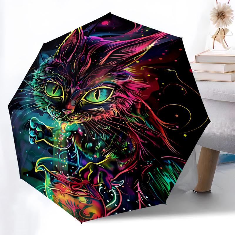 1pc Neon Cat Automatic Open/Close Umbrella, Windproof, Folding Compact Umbrella with Lightweight Design for Women/Men039