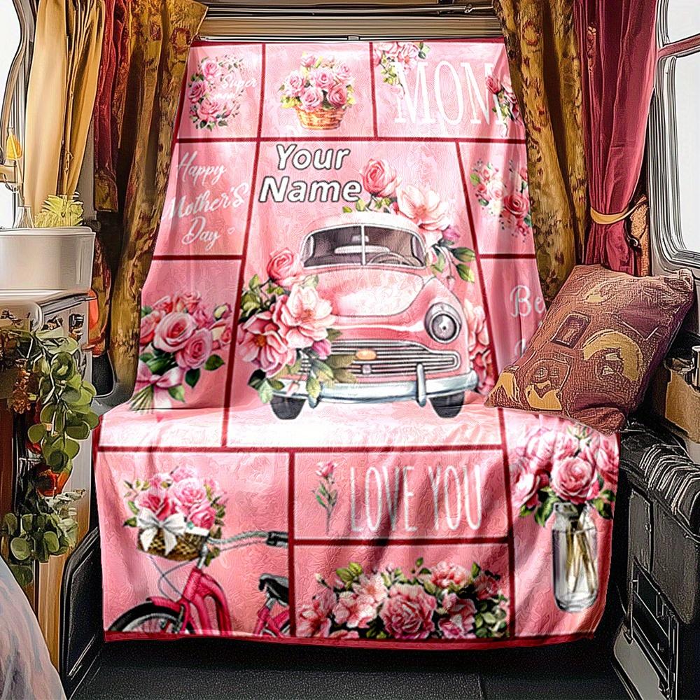 Pink Car With Flowers Blanket Personalized Name Soft Comfortable Stylish Blanket Car Blanket Perfect For Travel Camping Outdoor Home Suitable For All