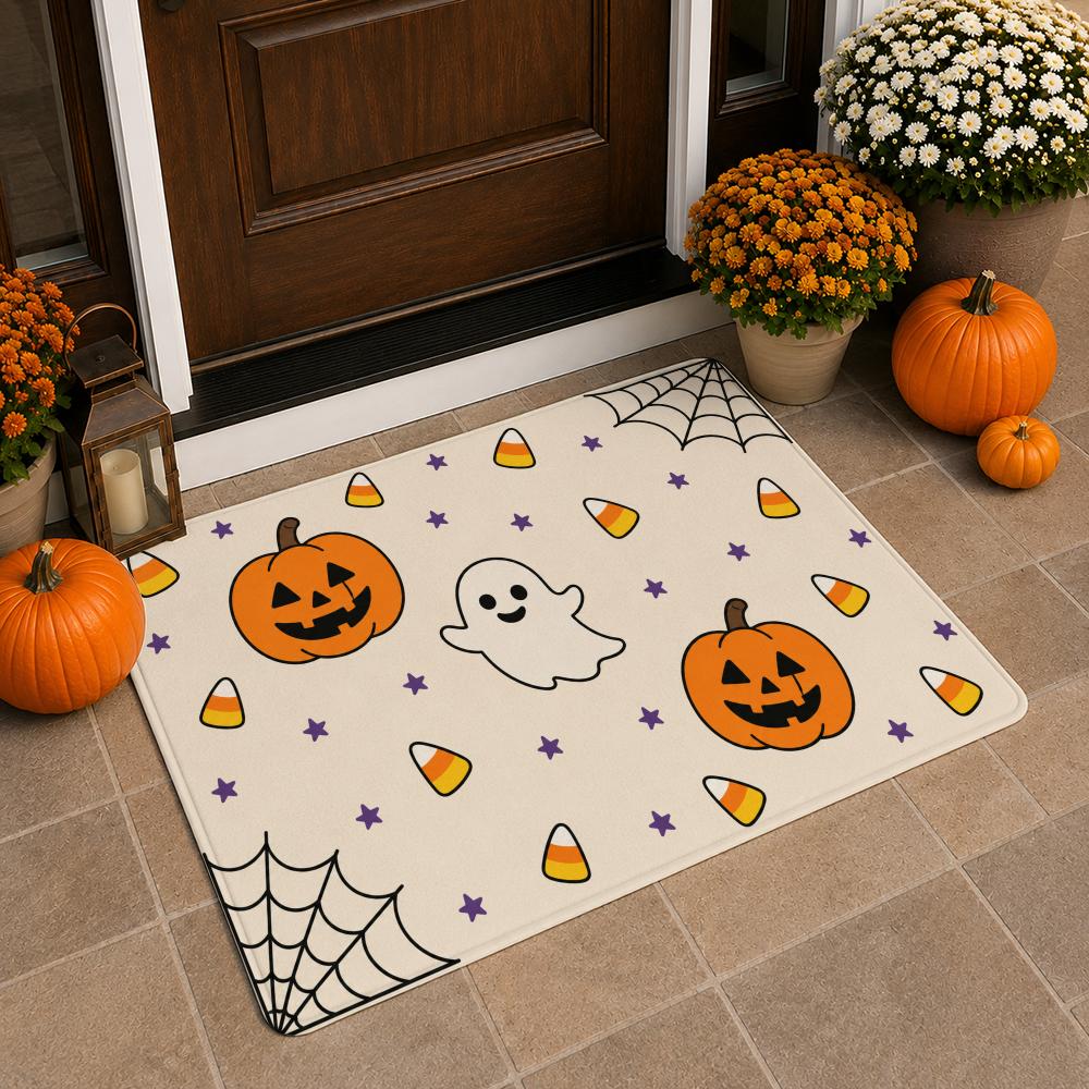 Happy Halloween Bath Mat Pumpkin Ghost House Bat Pattern Non‑Slip Absorbent Floor Rug for Bathroom Entryway Home Halloween Party