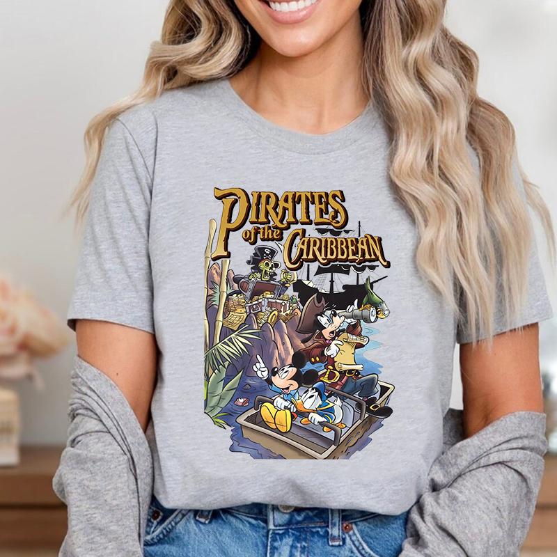 Vintage Mickey Mouse and Friends Pirates Print Harajuku Womens Summer Fashion TShirt Cotton Short Sleeve Casual Top S