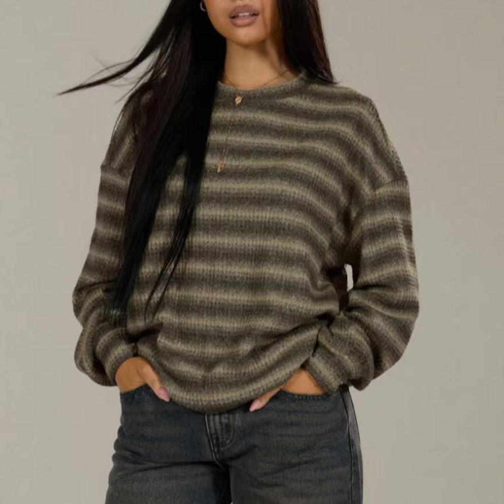Women Casual Loose Fit Long Sleeve Pullover Top Striped Pattern Crew Neck Lightweight Soft Fabric Sweatshirt for Everyday Wear