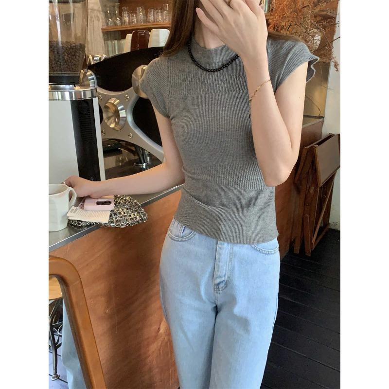 Knitted Short-sleeved Summer Slim-fitting Right-shoulder Fashionable and Versatile Thin Top with Design