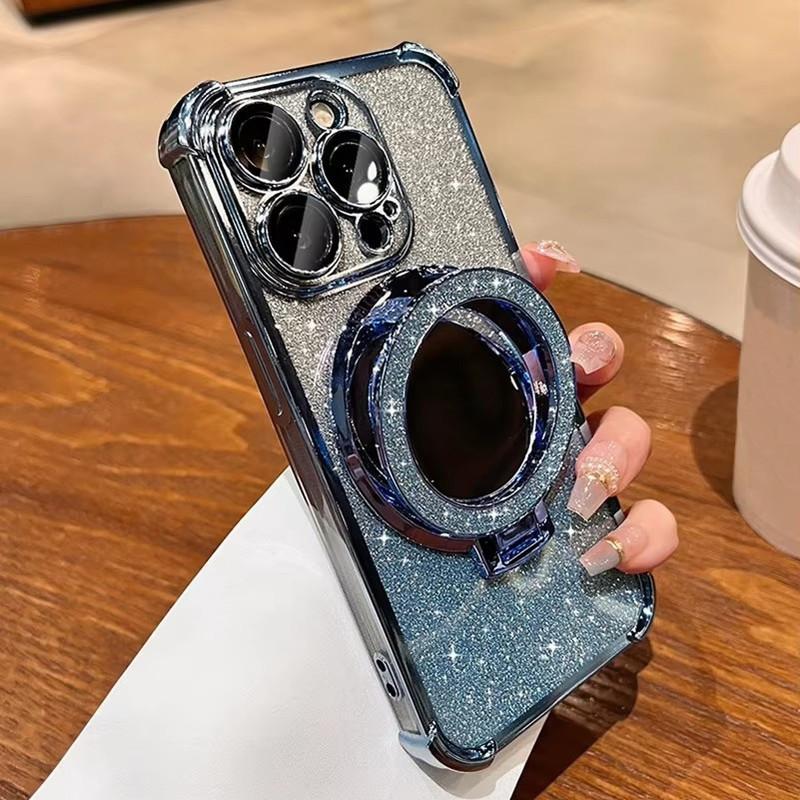 For iPhone 16 15 14 Pro Max Redmi Note 13 12 Pro Samsung S25 S24 Ultra A05 A06 A14 A15 A16 Bling Glitter Mirror Kickstand Full Lens Protect Phone Case