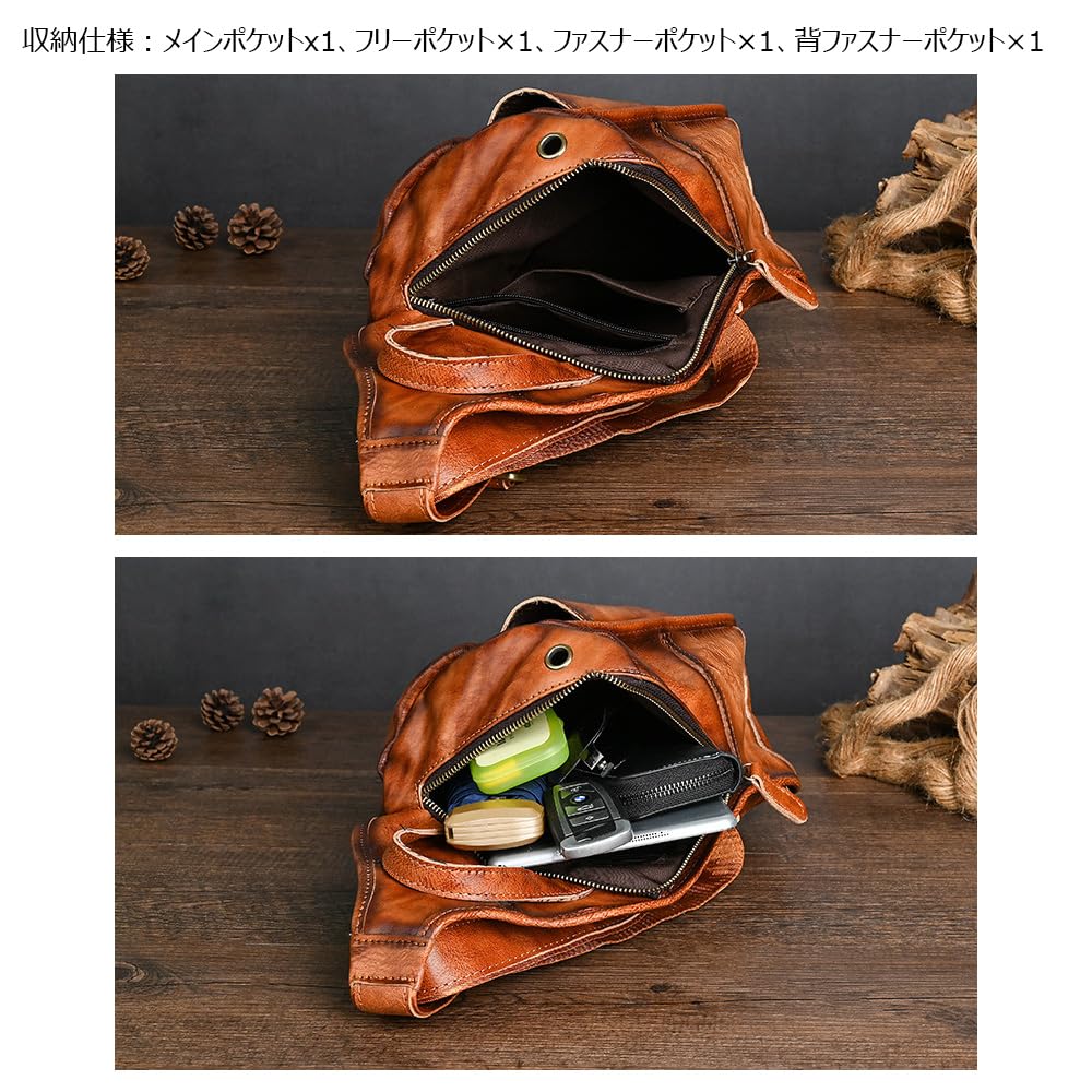 Whatna Antique-Style Tanned Natural Cowhide Leather Crossbody BagOne-Shoulder Bag for Men, Reversible Left or Right Strap, Genuine Leather, Thick,