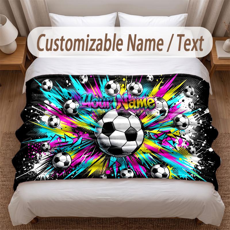 Soccer Theme Soft Blanket Personalized Custom Name Text Print Warm Blanket Home Sofa Bedroom Decor