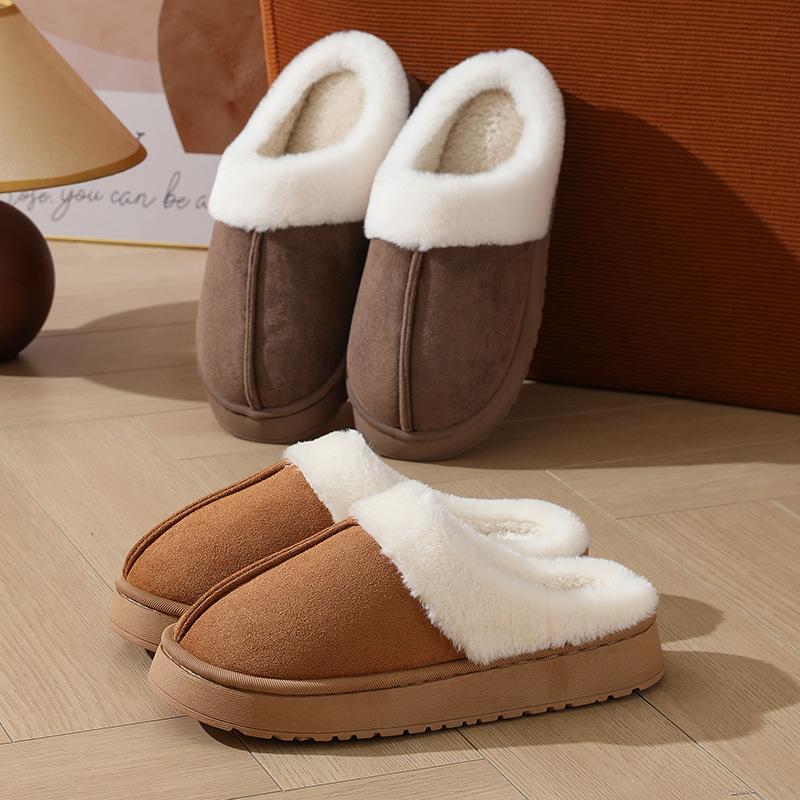 Fashion Crestar Women Plush House Slippers Fashion Faux Fur Collar Non-slip Platform Fuzzy Slides Winter Indoor Warm Fluffy Cotton Shoes