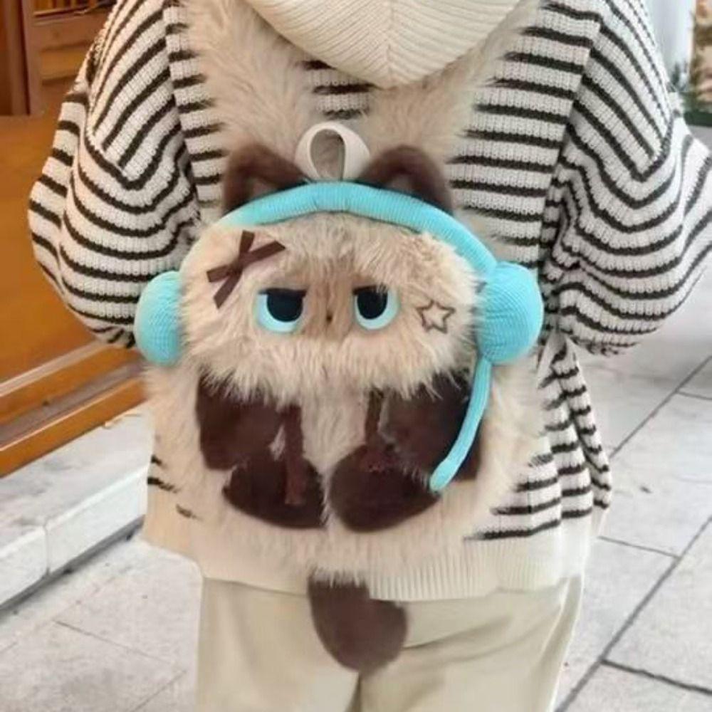 Kawaii Siamese Cat Plush Backpack Headphone Student School Bag  Shopping